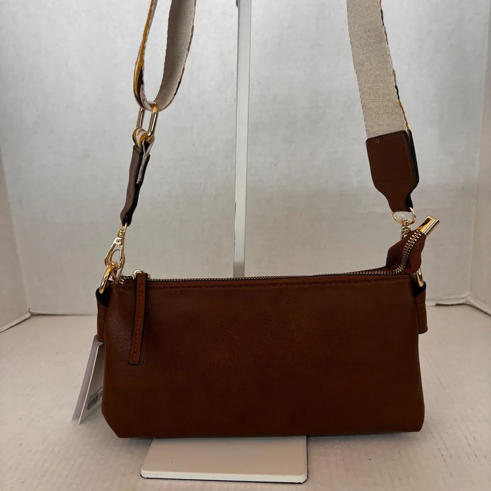Metro Muse Crossbody Bag‎ Women  Brown Vegan Leather Geometric Guitar Strap NWT